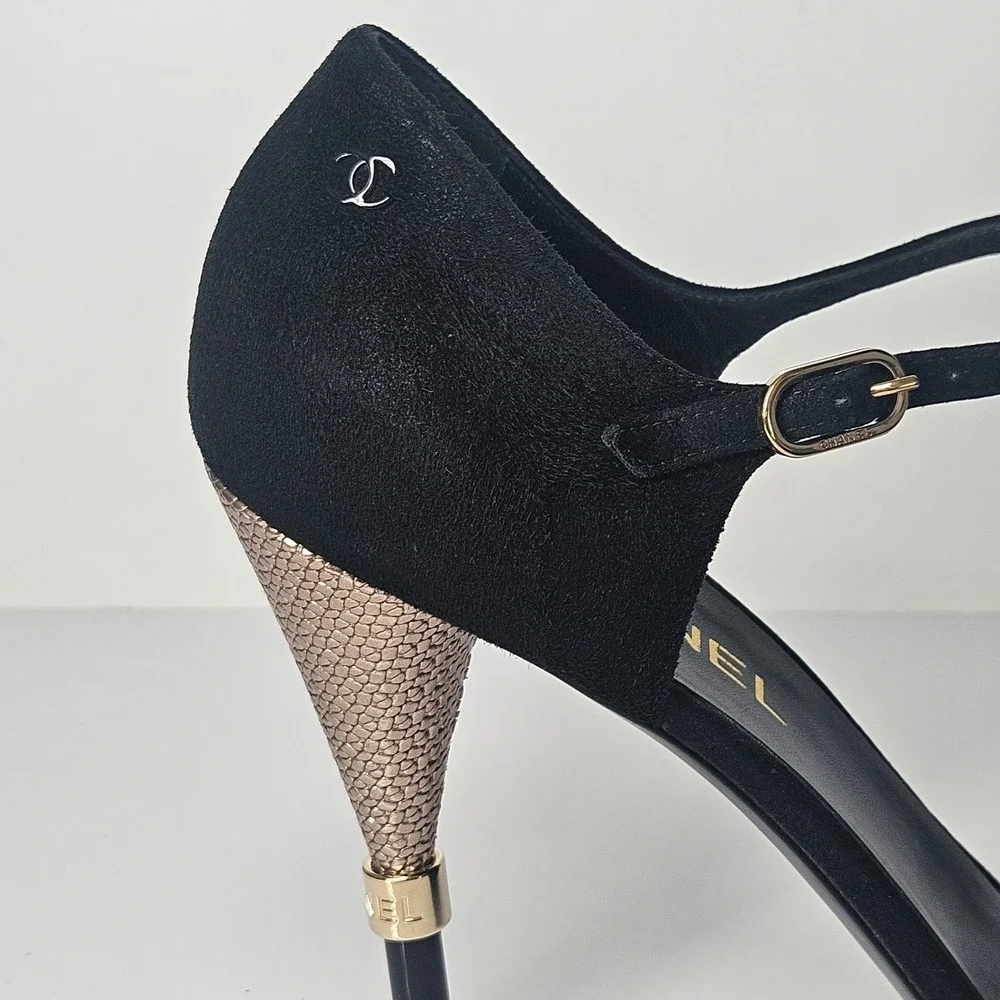 Chanel 2016 Black Suede Satin Gold CC Logo High Heels Sandals Shoes Strappy 41.5